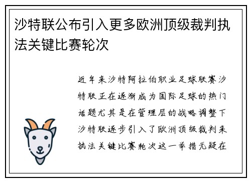 沙特联公布引入更多欧洲顶级裁判执法关键比赛轮次