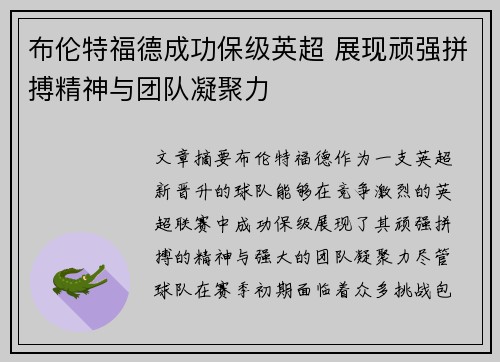 布伦特福德成功保级英超 展现顽强拼搏精神与团队凝聚力 布伦特福德成功保级英超 展现顽强拼搏精神与团队凝聚力